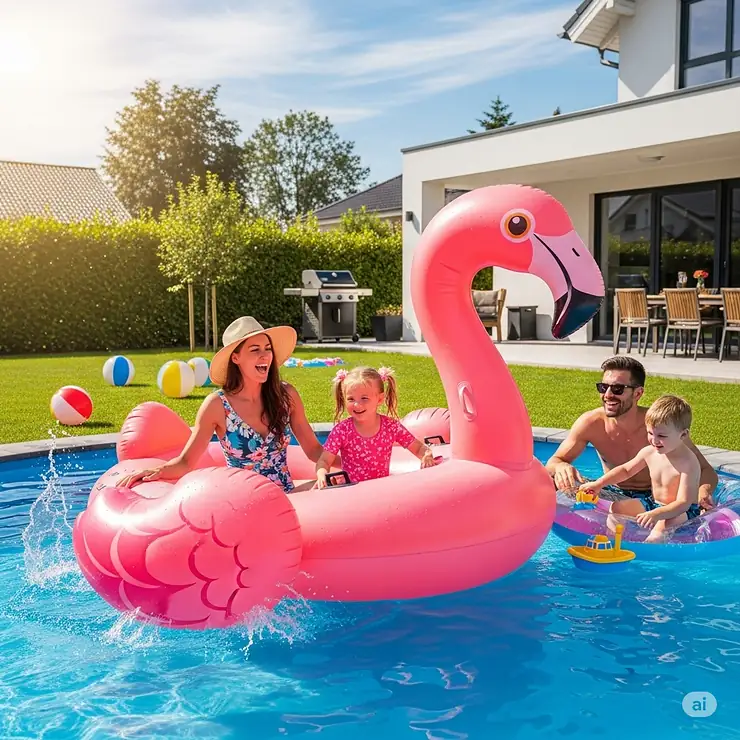 A large, vibrant pink flamingo inflatable pool with a family enjoying a sunny day.
