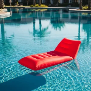 A red floating inflatable lounge chair drifts in a calm swimming pool.
