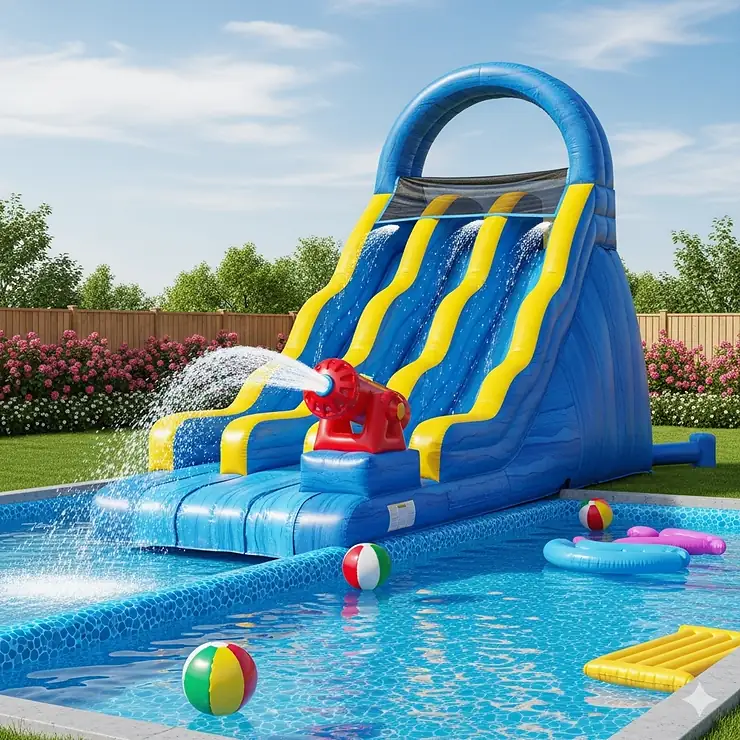 A giant inflatable pool slide featuring an integrated water cannon for added splash and play.