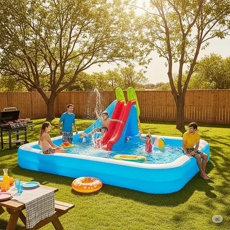 A family having fun in a large backyard with a giant inflatable pool and an attached water slide.