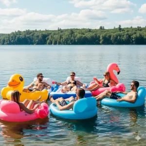 A group of friends are relaxing together on various inflatable pool chairs in a large lake.