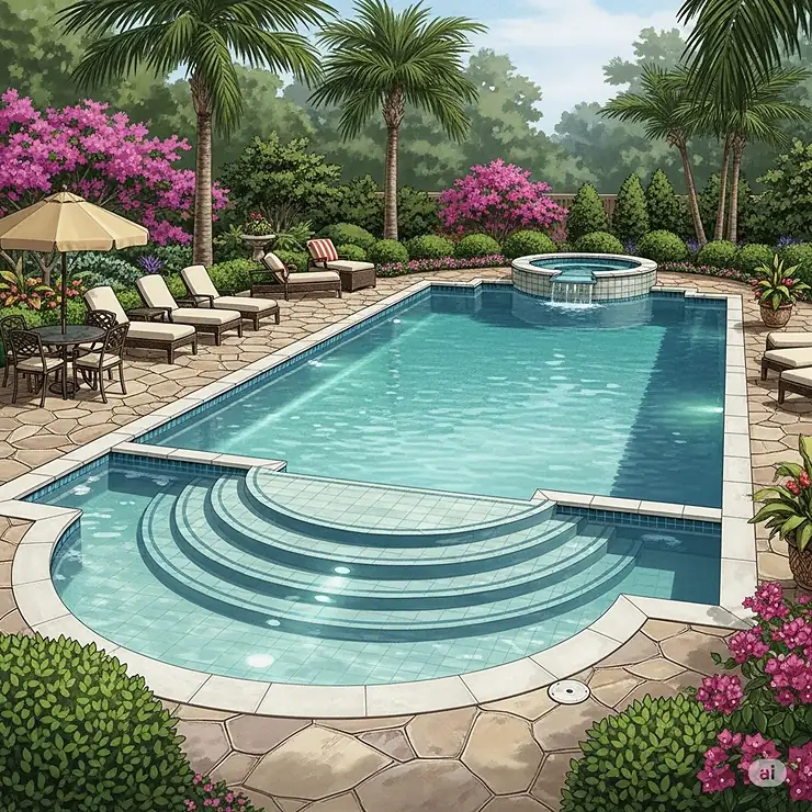 A beautiful in-ground pool with graceful curved stairs, offering easy entry and a stylish look for a backyard oasis.