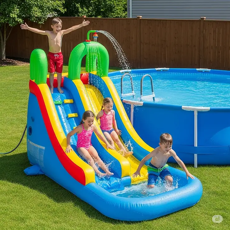 Kids laugh as they play on a colorful inflatable above-ground pool slide, designed for easy setup and safe water play.