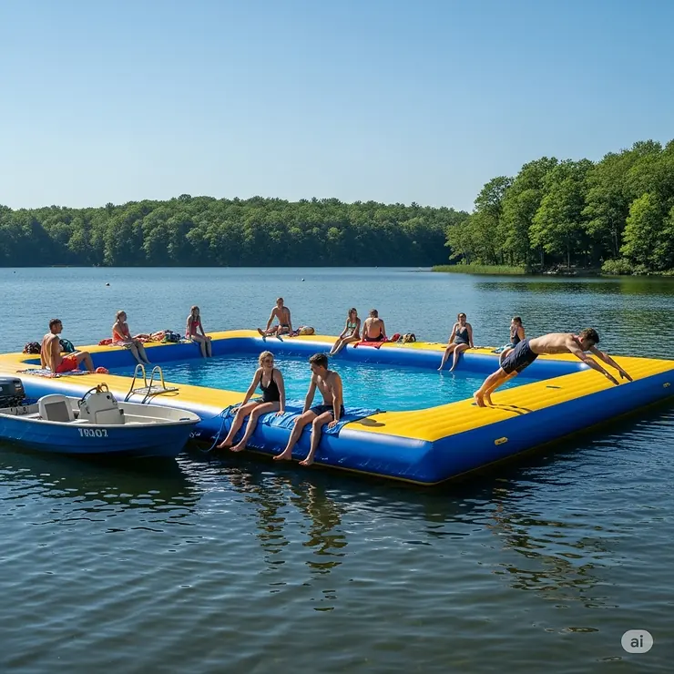 An inflatable lake pool acting as a floating dock, with a small boat tied to its side and people lounging on the surface.