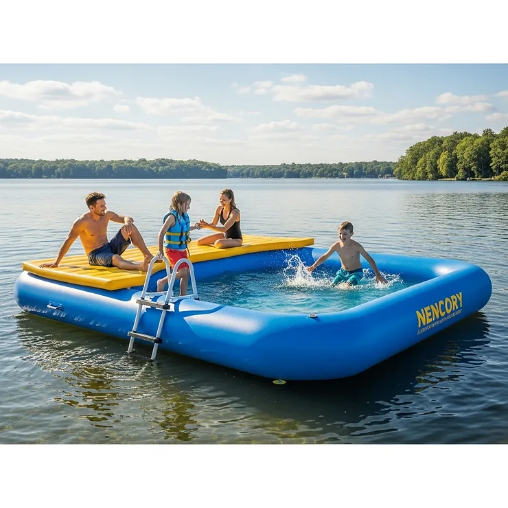 A family enjoys a sunny day on a large inflatable lake pool, featuring an integrated sundeck and ladder for easy access.
