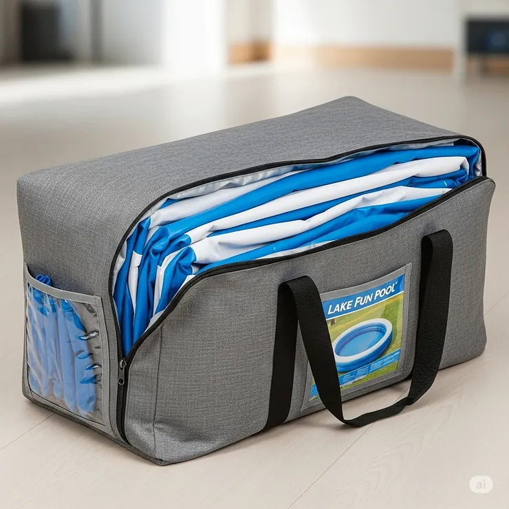 A deflated inflatable lake pool is neatly packed into its convenient storage and carry bag, ready for transport.