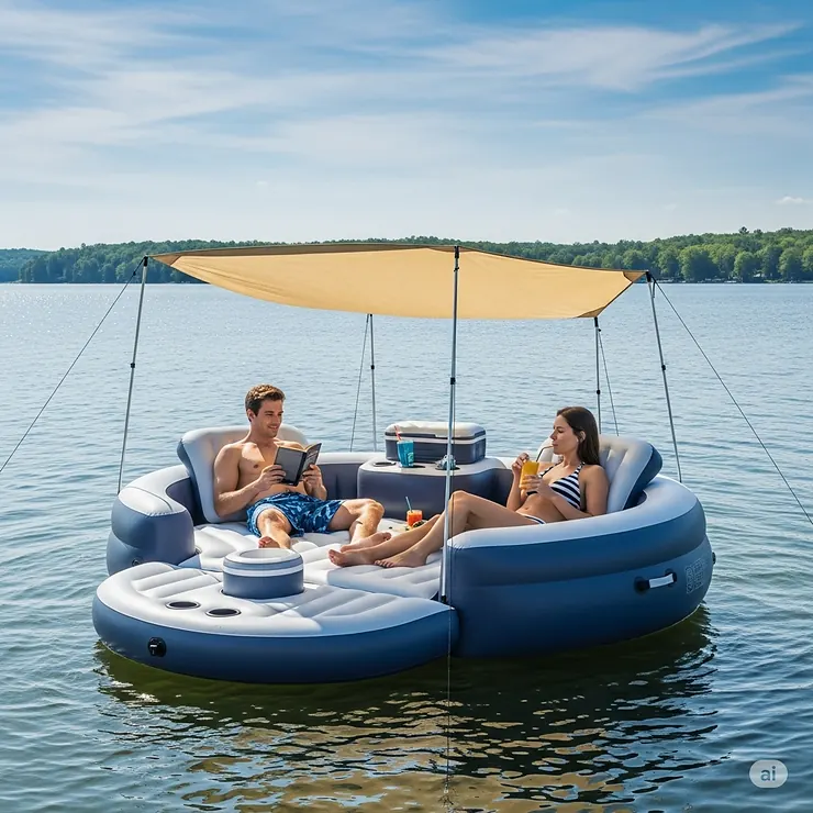 A couple relaxes under a removable sun canopy on a luxury inflatable lake pool, providing shade on a bright summer day.
