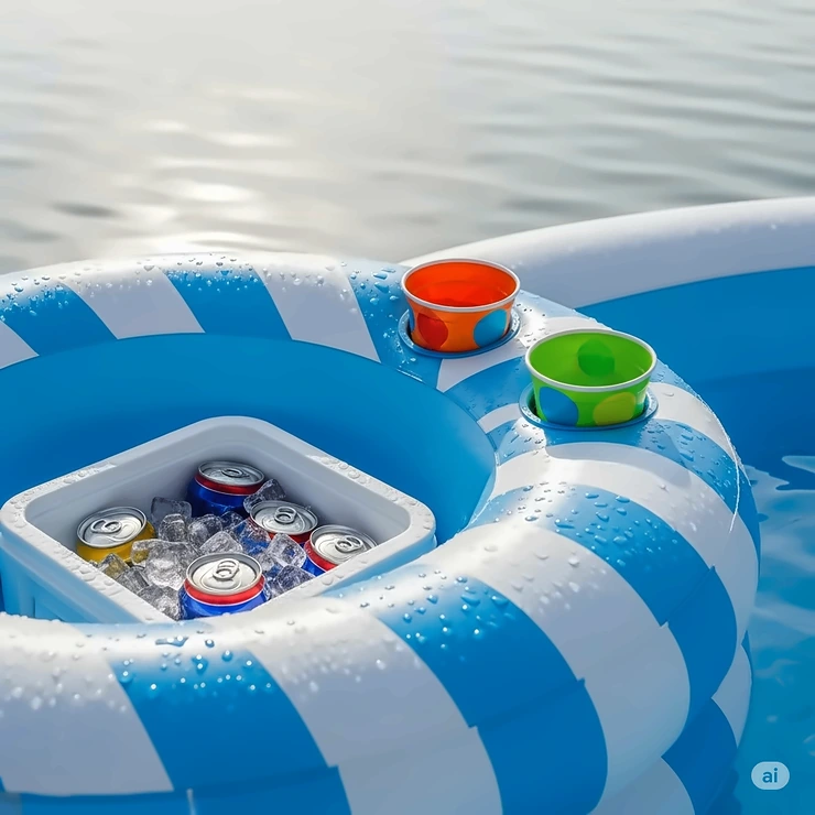 A close-up shot of the built-in cooler and cupholders on an inflatable lake pool, perfect for keeping drinks cold.