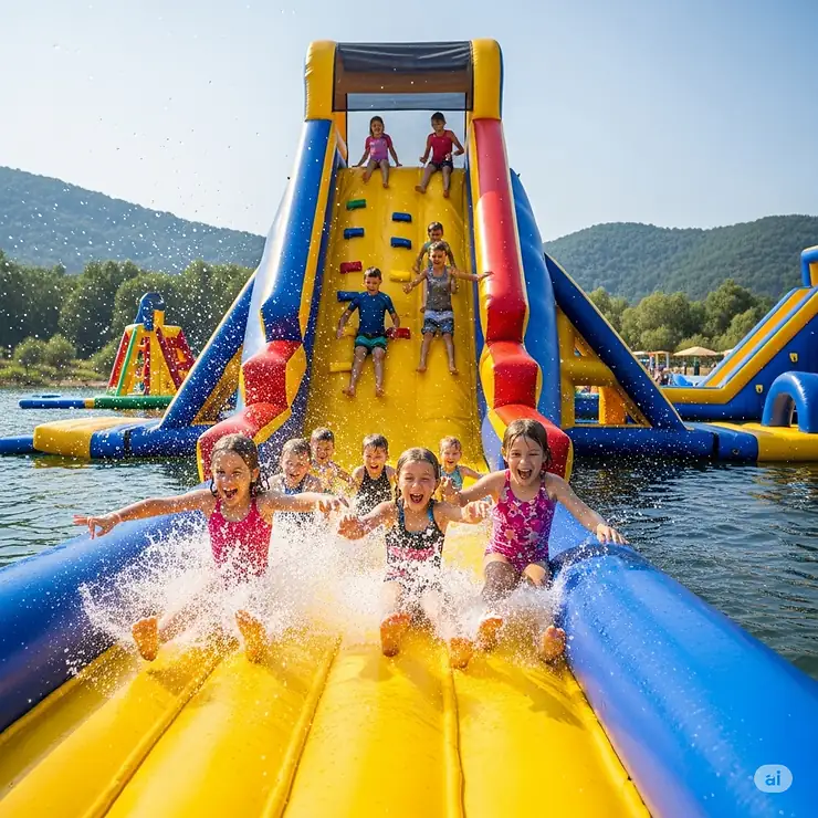 Kids laugh as they slide down a vibrant yellow slide into the water from a large inflatable lake pool.