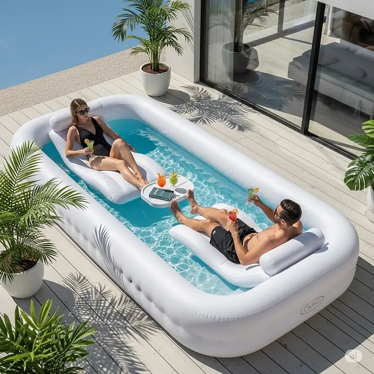 An adults-only inflatable lounge pool with a sleek, minimalist design, perfect for relaxation and sunbathing.