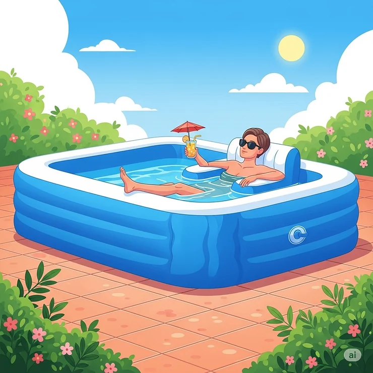 Illustration depicting an adult relaxing comfortably in a spacious inflatable plunge pool with a built-in seat, enjoying a peaceful moment.