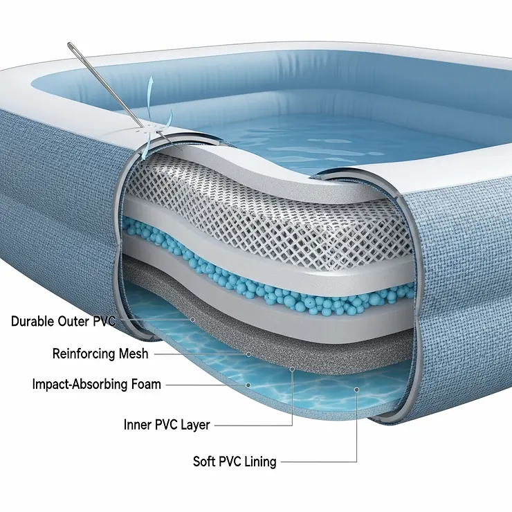 A close-up illustration highlighting the multi-layered, puncture-resistant PVC material used in the construction of an inflatable plunge pool.