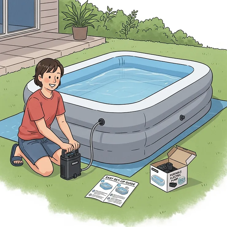 Illustration showing the easy setup process of an inflatable plunge pool with a portable electric pump.