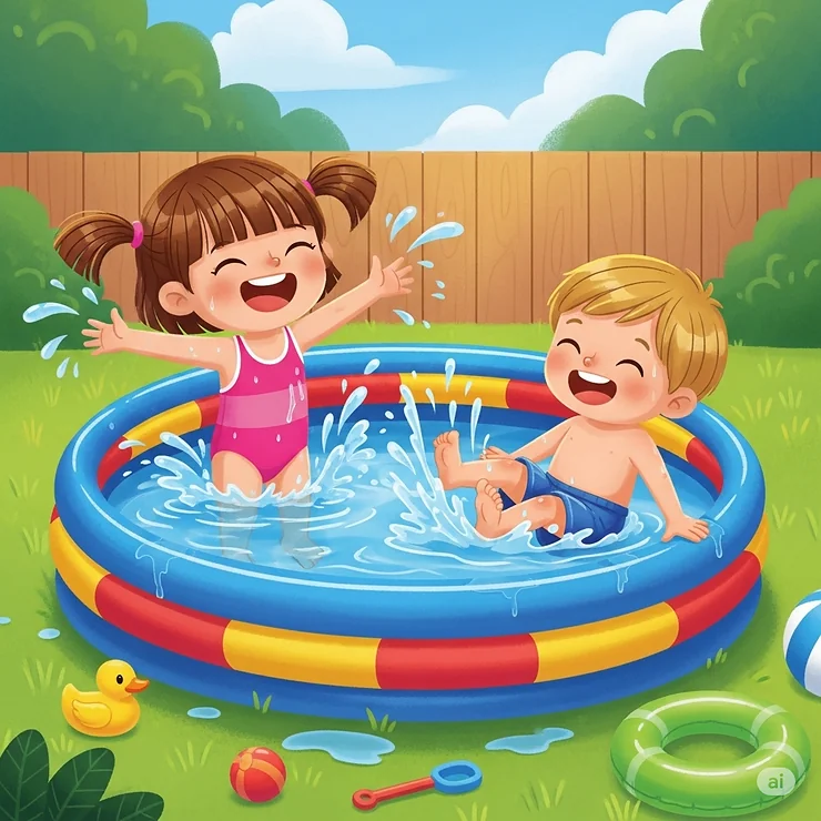 An illustration of two children splashing and playing in a small, safe inflatable plunge pool, perfect for backyard fun.