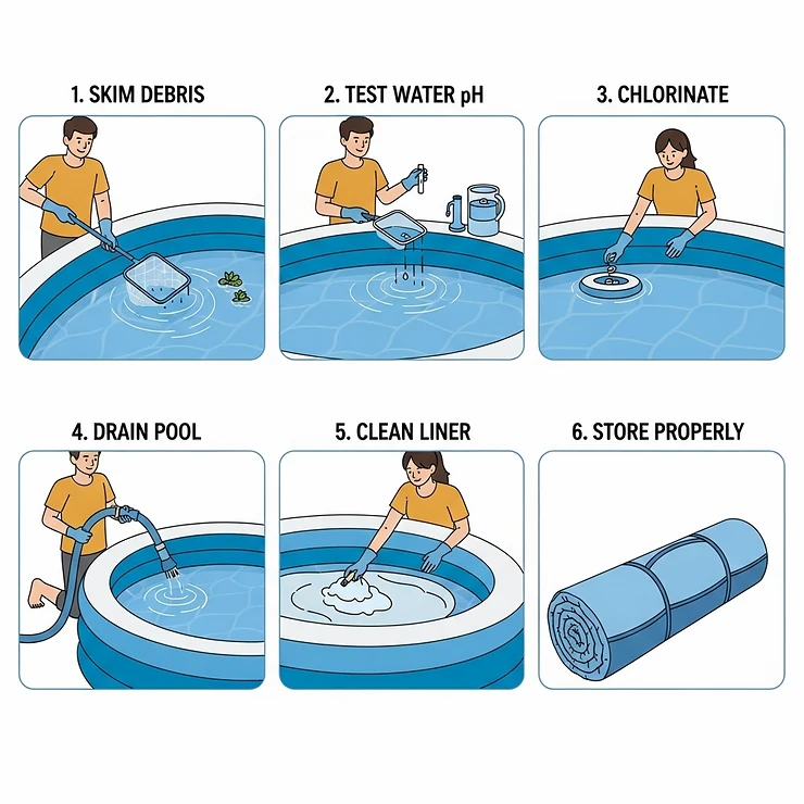 A step-by-step illustration for cleaning and maintaining an inflatable plunge pool to ensure its longevity.