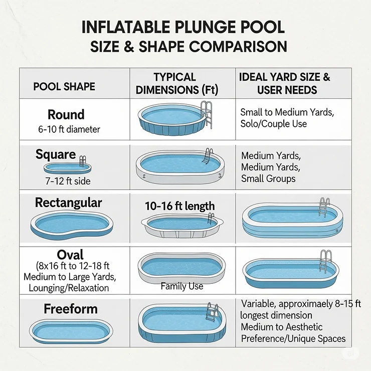 A chart illustration comparing the different sizes and shapes of inflatable plunge pools available for various yard sizes and user needs.