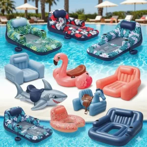 Different styles and designs of inflatable pool chairs, including loungers and saddles, are displayed.