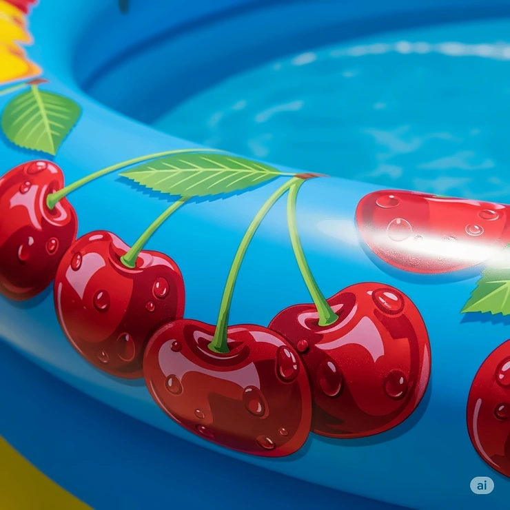 A close-up shot of the detailed cherry fruit design on the side of a colorful inflatable pool.