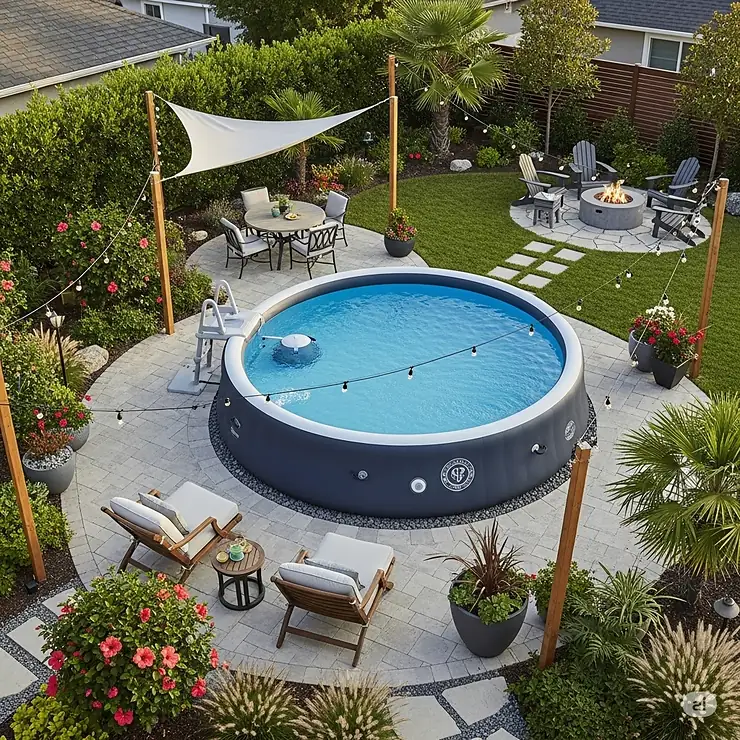 An aerial view of a complete backyard oasis, centered around a beautiful luxury inflatable pool surrounded by plants and outdoor furniture.