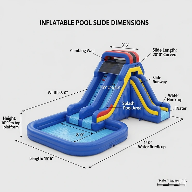 A diagram illustrating the dimensions and size of a popular inflatable slide for a pool, useful for planning backyard space.