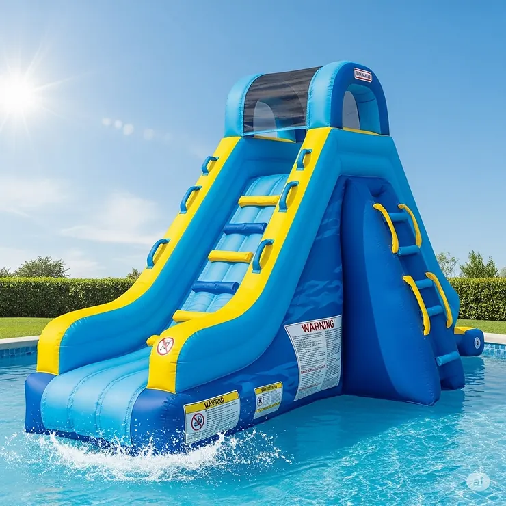 An inflatable slide for a pool made from heavy-duty, puncture-resistant vinyl, illustrating its durability and safety features.