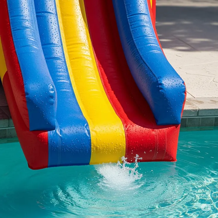 A close-up of the extra-wide, sturdy inflatable slide attached to a large family pool.