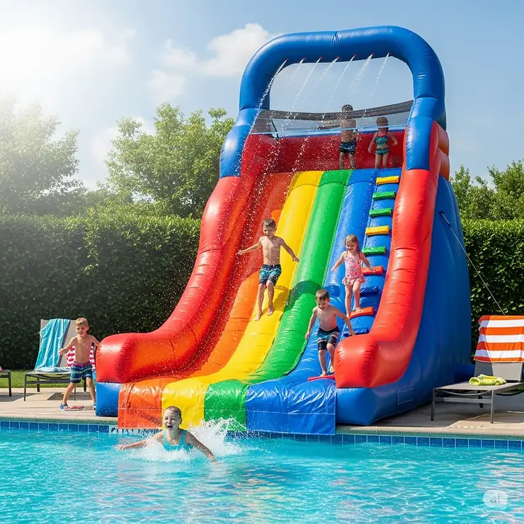 A vibrant, large inflatable slide for a pool with kids excitedly playing on it, showcasing fun and family entertainment.