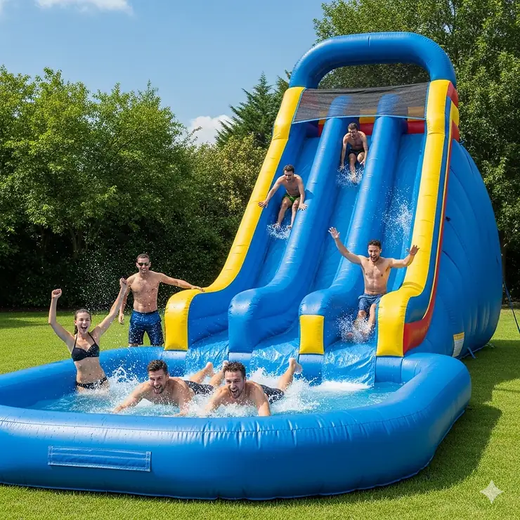 A group of adults having fun on a large, heavy-duty inflatable pool slide in a backyard.