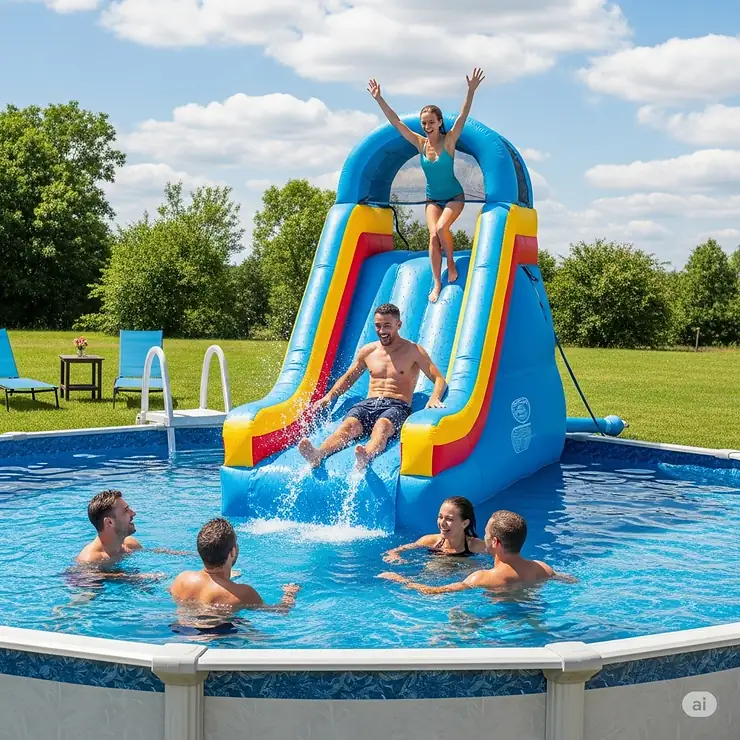 A group of adults enjoying a large, sturdy inflatable pool slide designed to be used with an above-ground pool.