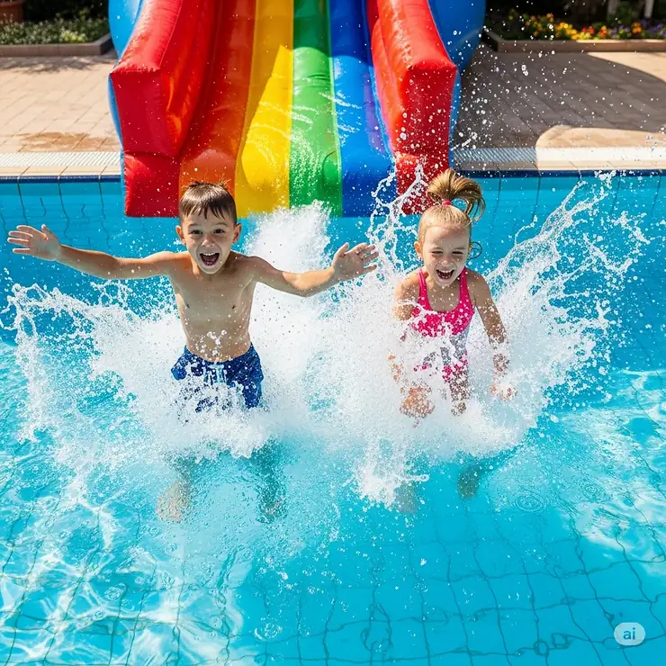 Two children laughing as they splash down into the water from a small inflatable slide for a pool, capturing a moment of pure joy.