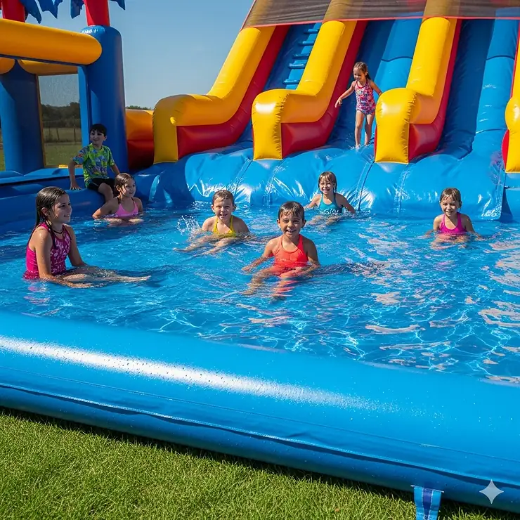 The splash landing area of a large inflatable pool slide, showing a wide, safe pool for easy entry.