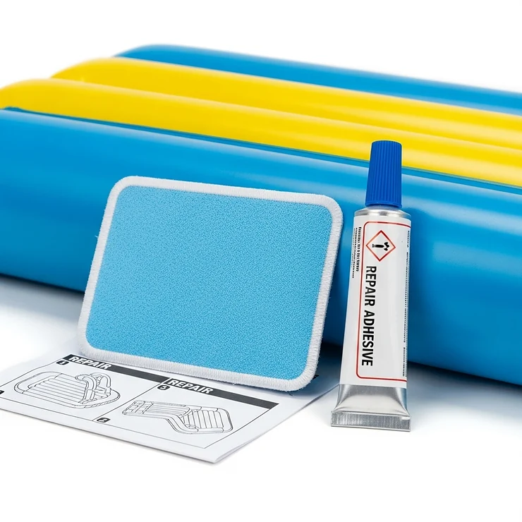 A small repair patch and glue that comes with an inflatable slide for a pool, showing the included maintenance kit.