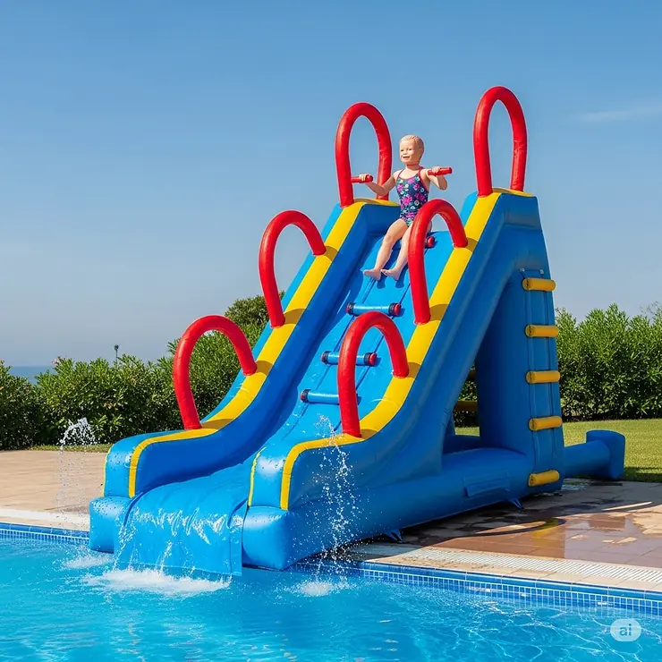 Highlighting the safety features of an inflatable pool slide, such as secure handrails and a stable base.