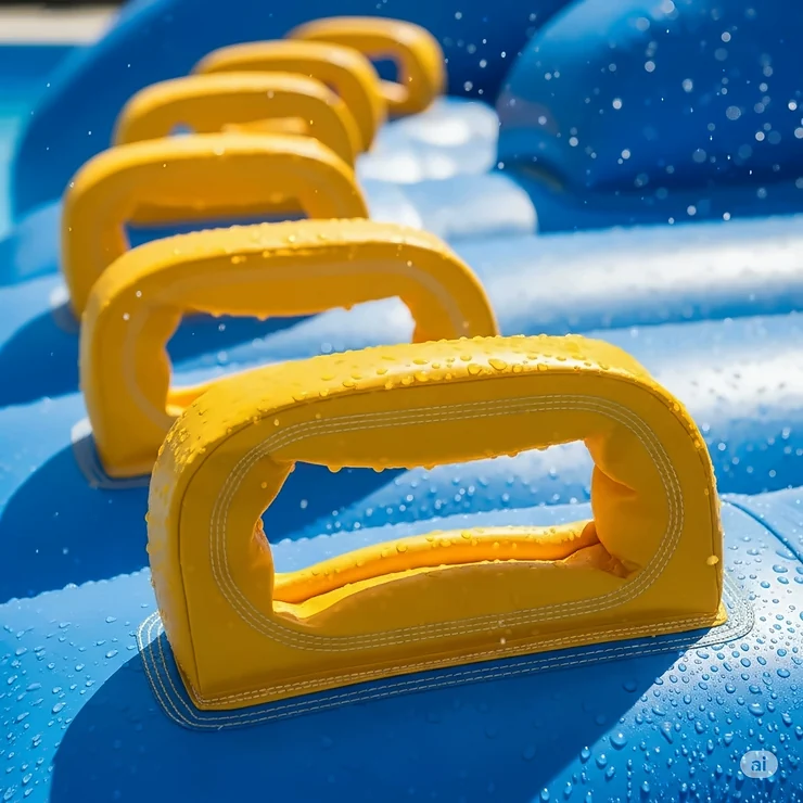 A close-up of the sturdy grab handles on an inflatable slide for a pool, emphasizing the product's safety design.