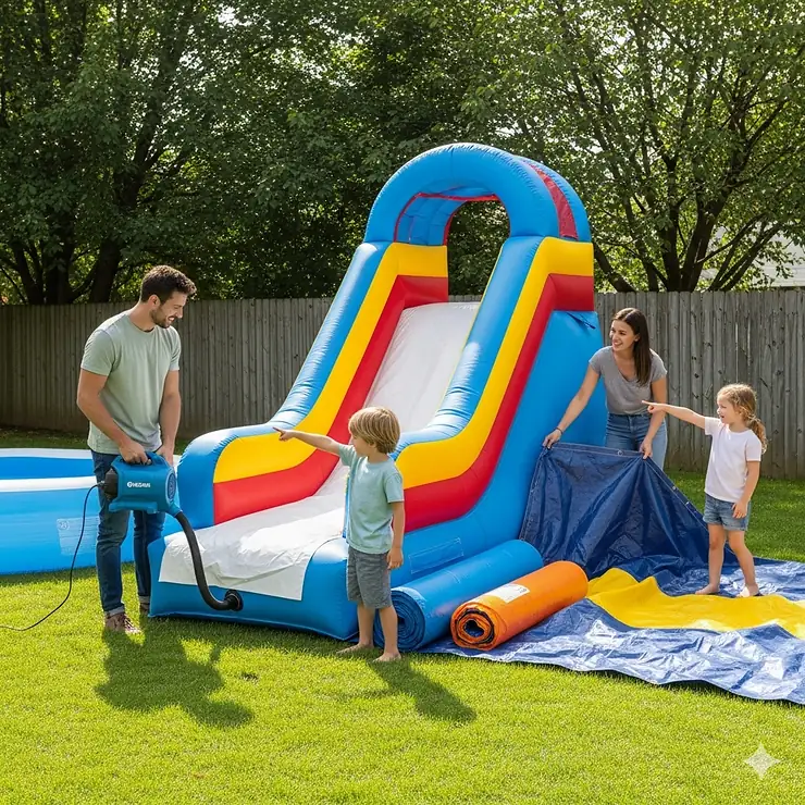 A family setting up a big inflatable pool slide, using an air blower to inflate the structure.