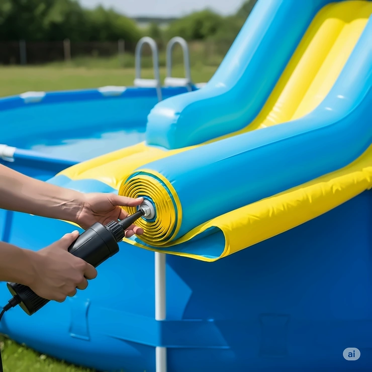 A close-up shot showing the easy setup process of an inflatable slide for an above-ground pool.