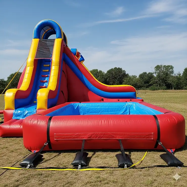 A side-view shot of a towering inflatable pool slide showing its reinforced base and secure design.