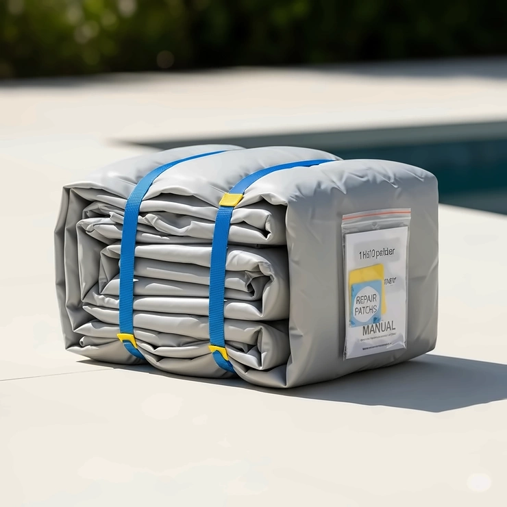 The compact, folded-up form of an inflatable slide for a pool, demonstrating how easily it can be stored when not in use.