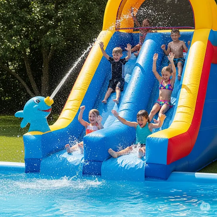 A fun feature of an inflatable pool slide, showing an integrated water cannon spraying water as kids slide down.