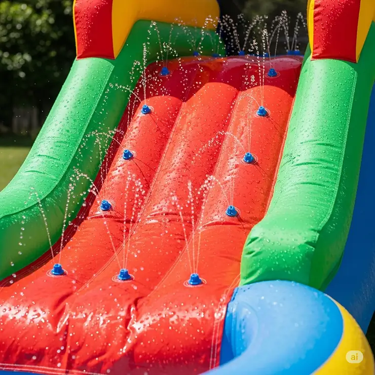 A detailed view of the built-in water sprayers on a colorful inflatable pool slide, keeping the surface wet for smooth sliding.
