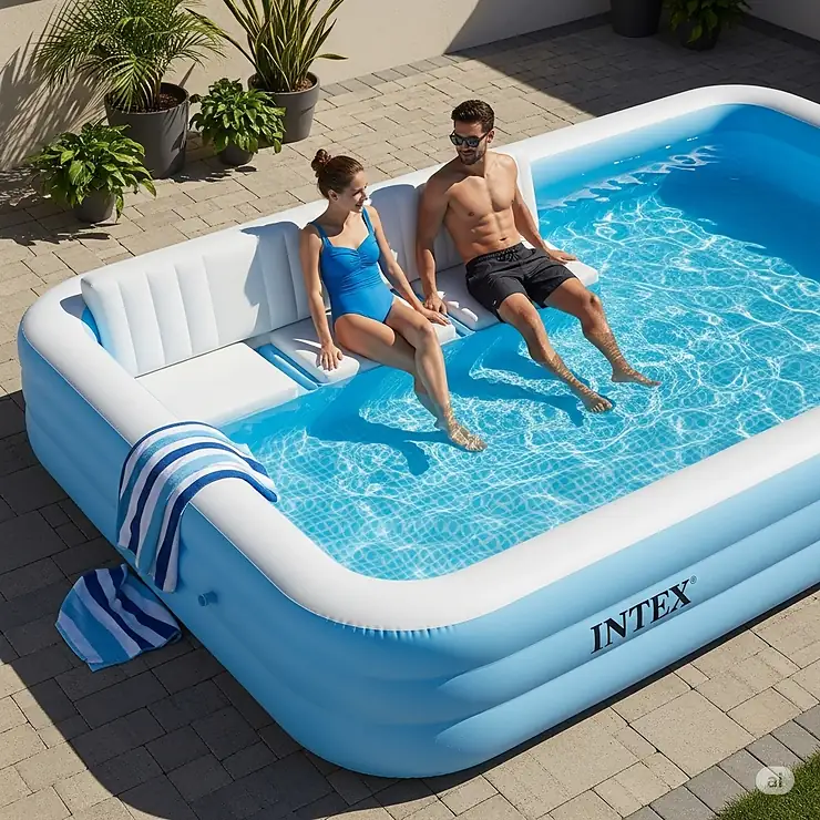 A large Intex inflatable pool with integrated bench seating, offering a comfortable place to sit and cool off.