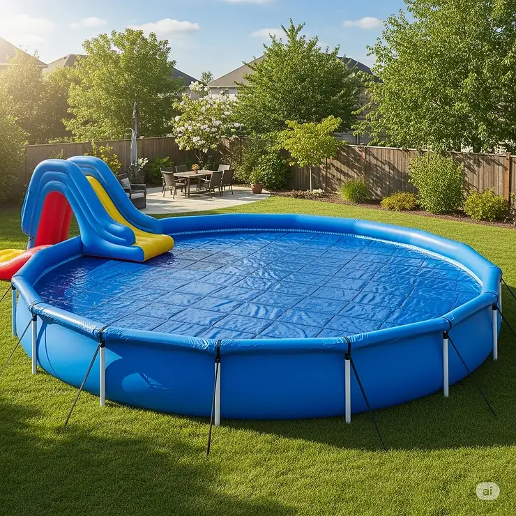 A giant inflatable pool with its slide and a fitted pool cover, protecting it from debris when not in use.