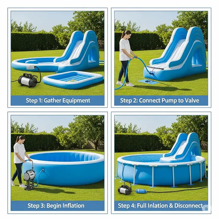 A simple visual guide on how to quickly inflate the giant pool and slide using an electric pump.