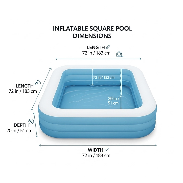 A simple infographic showing the typical dimensions of a popular inflatable square pool model, with measurements for length, width, and depth.