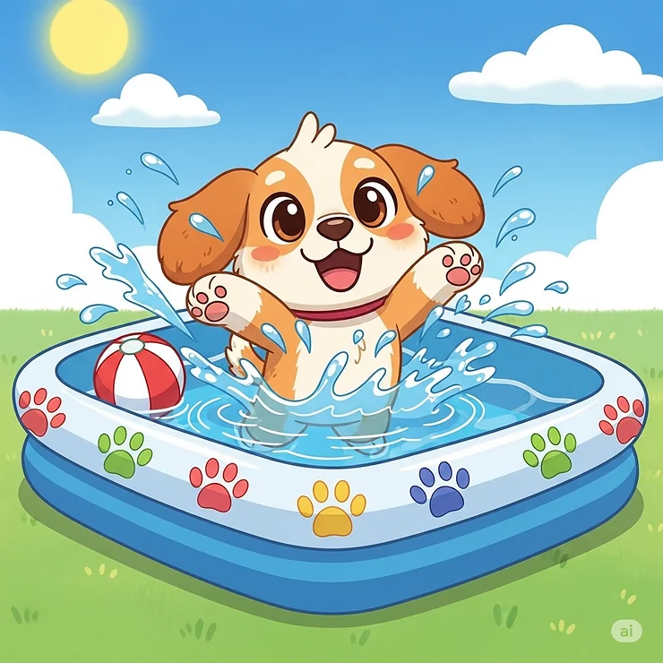 A cute cartoon illustration of a friendly dog happily splashing around in a sturdy, pet-friendly inflatable square pool.