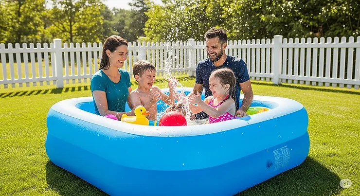 A family of four laughs together while splashing in a large, blue inflatable square pool on a sunny day in their backyard. The durable pool is set up on a green lawn, and the children are using colorful pool toys.
