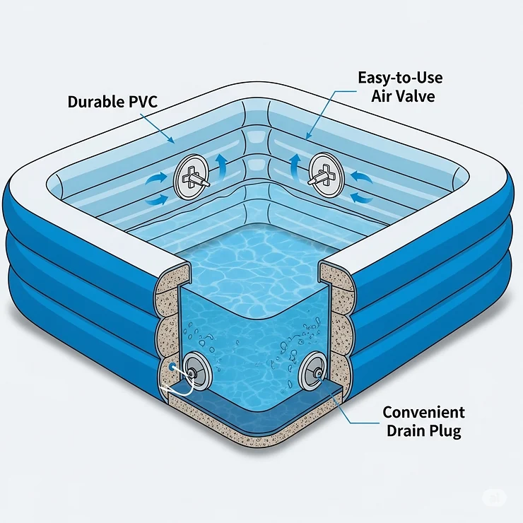 An illustration highlighting the key features of an inflatable square pool, including its durable PVC material, easy-to-use air valves, and a convenient drain plug for quick emptying.