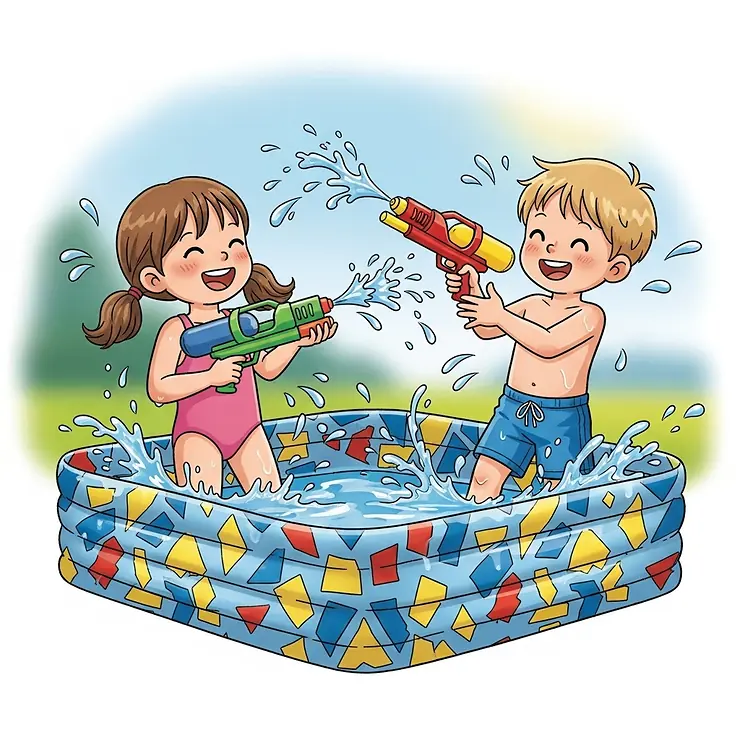 A bright and cheerful illustration of two happy children playing with water guns in a small, square inflatable pool with a colorful patterned bottom.