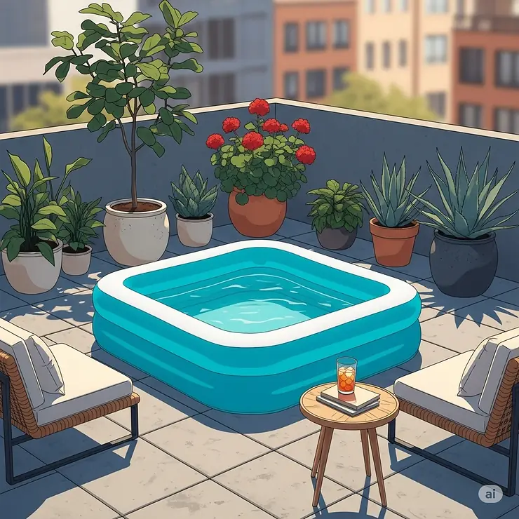 A stylish illustration of a modern inflatable square pool placed on a small urban patio, surrounded by potted plants and comfortable lounge chairs, ideal for a relaxing day.