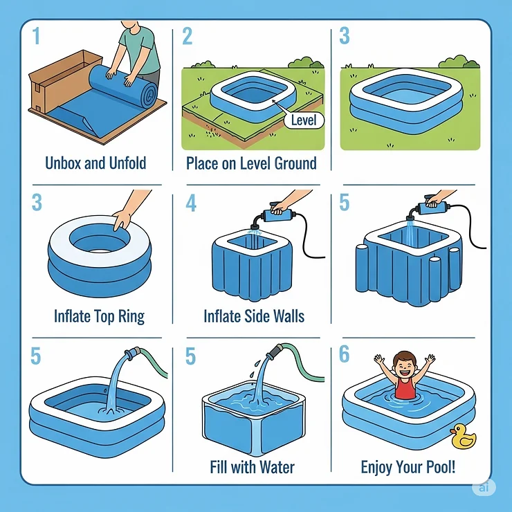 A step-by-step diagram illustrating the simple process of setting up an inflatable square pool, from unboxing to inflating and filling with water.